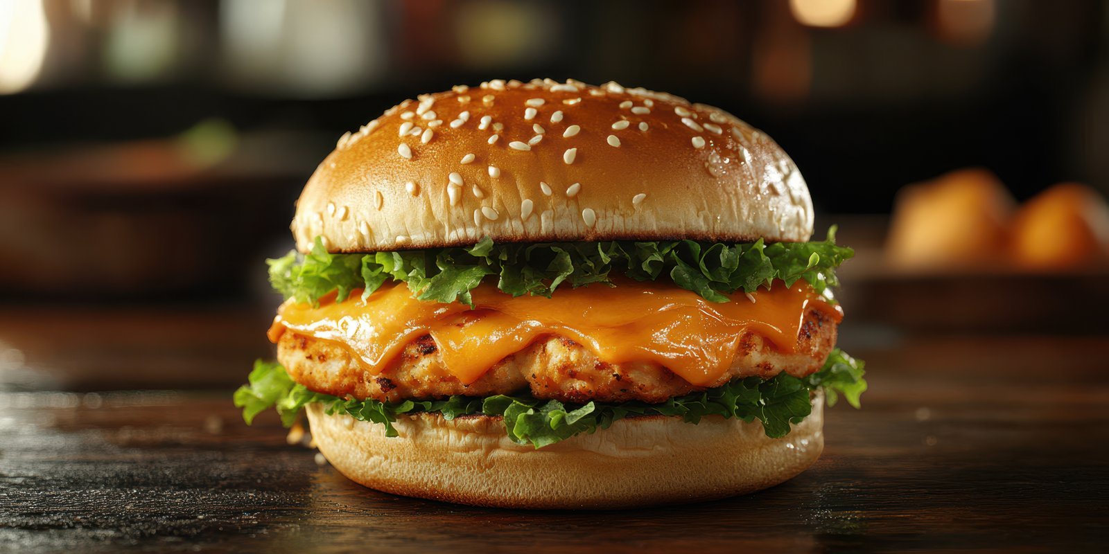 Juicy chicken burger with cheddar cheese and fresh lettuce served on a sesame seed bun